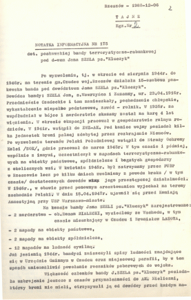 Fragment notatki SB KWMO Rzeszów dot.oddziału Jana Szeli ps. "Kluczyk" (Kopia ze zbiorów autora)