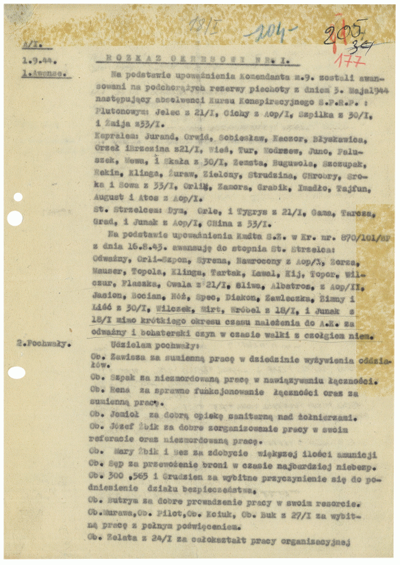 Fragment Rozkazu Okresowego Komendanta Obwodu AK Rzeszów z dn. 1 wrzesnia 1944 r. (Ze zbiorów Archiwum Państwowego w Rzeszowie)